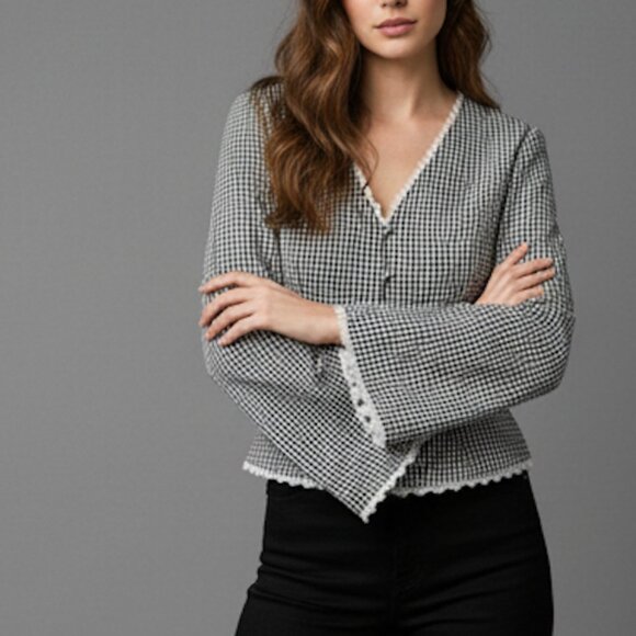 Shepherd Check Lace Cap Sleeve Single Button Blouse - Picture 4 of 8